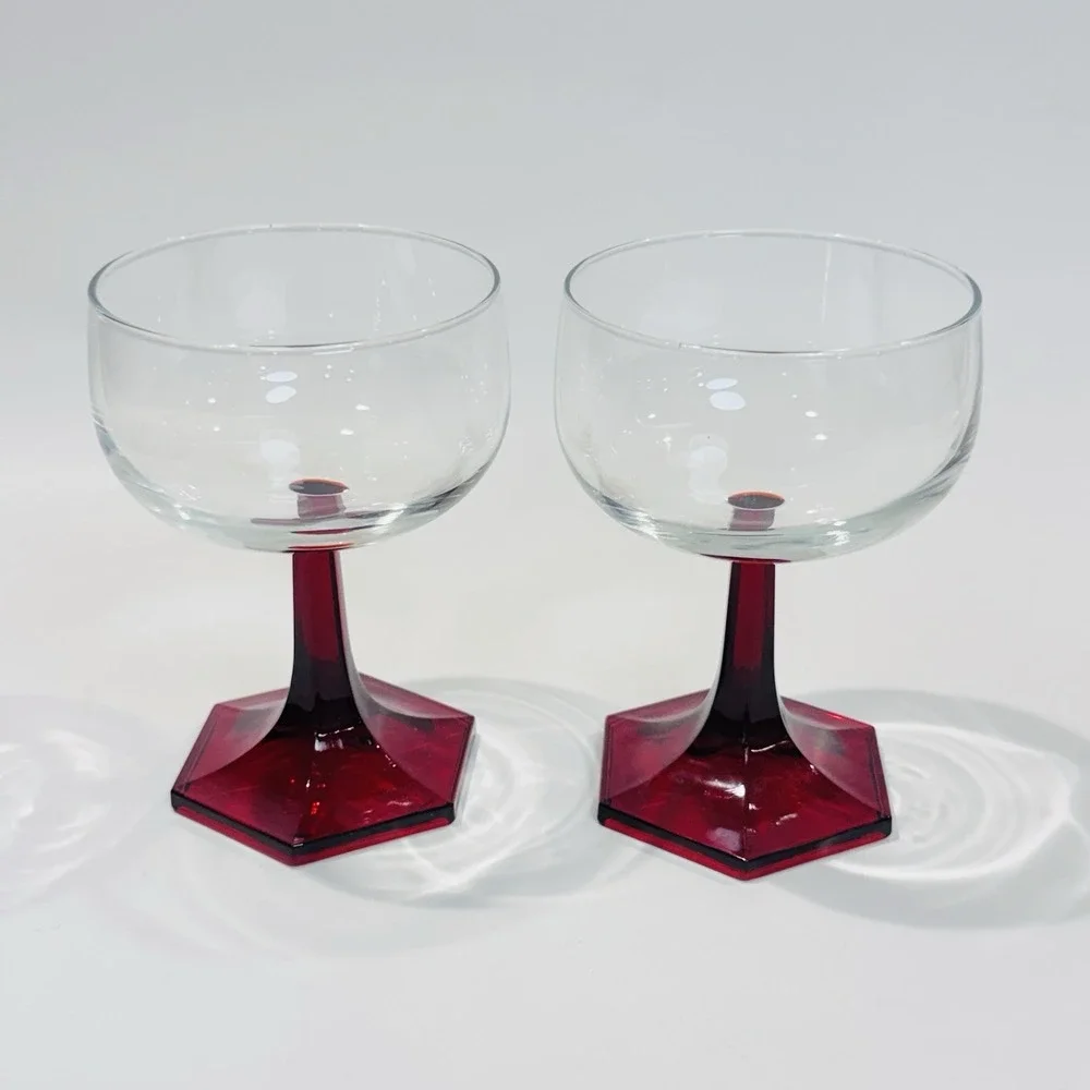 Vintage Ruby Red Pressed Glass Stemmed Wine Cocktail Glasses